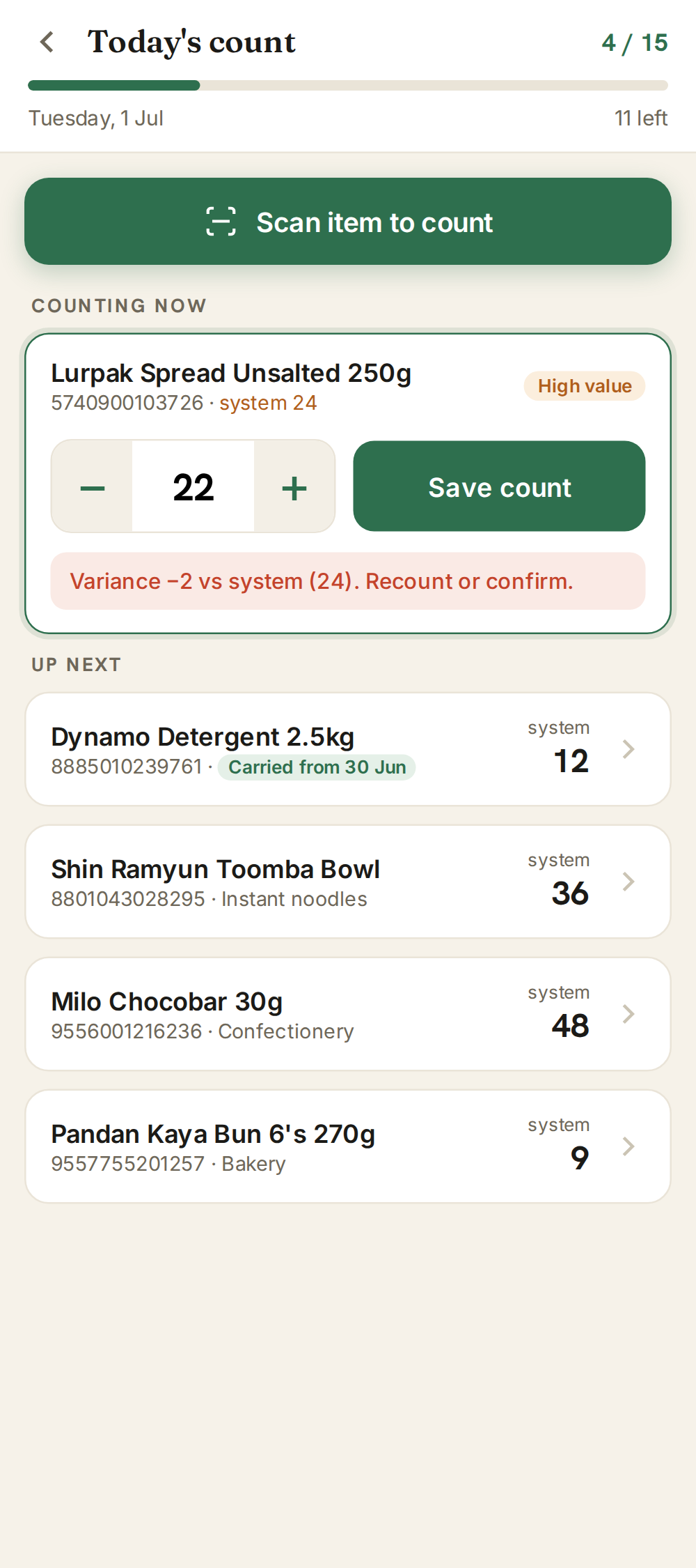 Staff stock-count screen on a phone