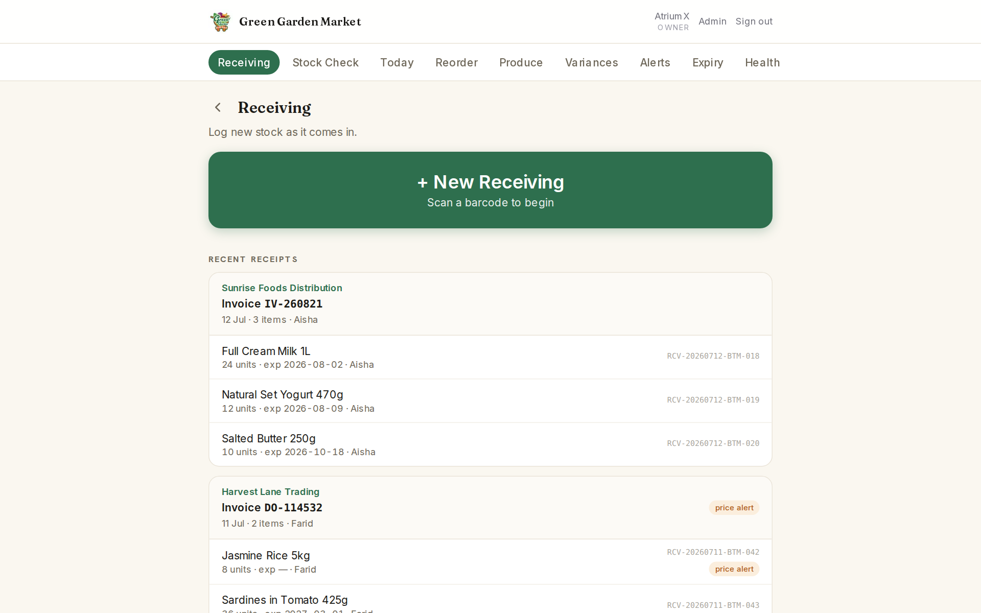 Receiving screen at Green Garden Market: scan a barcode to log incoming stock, recent receipts grouped by supplier invoice