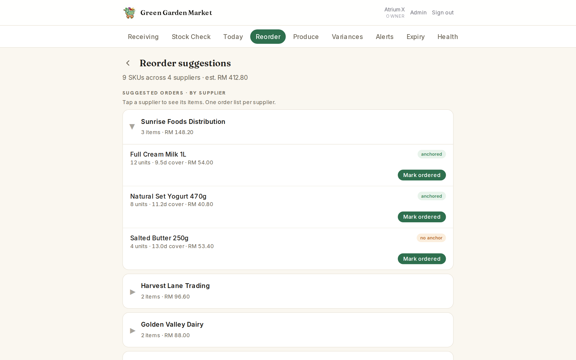 Reorder suggestions screen: suggested order quantities and days of cover, grouped per supplier